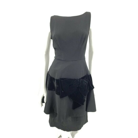 VTG Miss Elliette Black Peplum Dress Womens Small/Medium? Sleeveless Velvet Bow - Picture 2 of 7